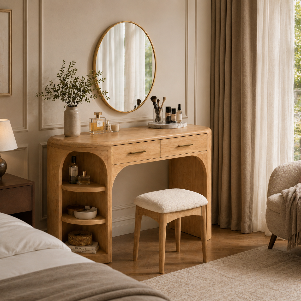 Makeup Vanity Table – Solid Wood Vanity with Round Mirror and Stool