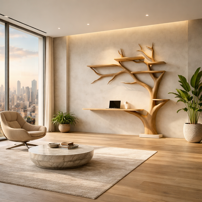 Tree Wall Shelf Desk – Wooden Workspace Wall Organizer Main Image