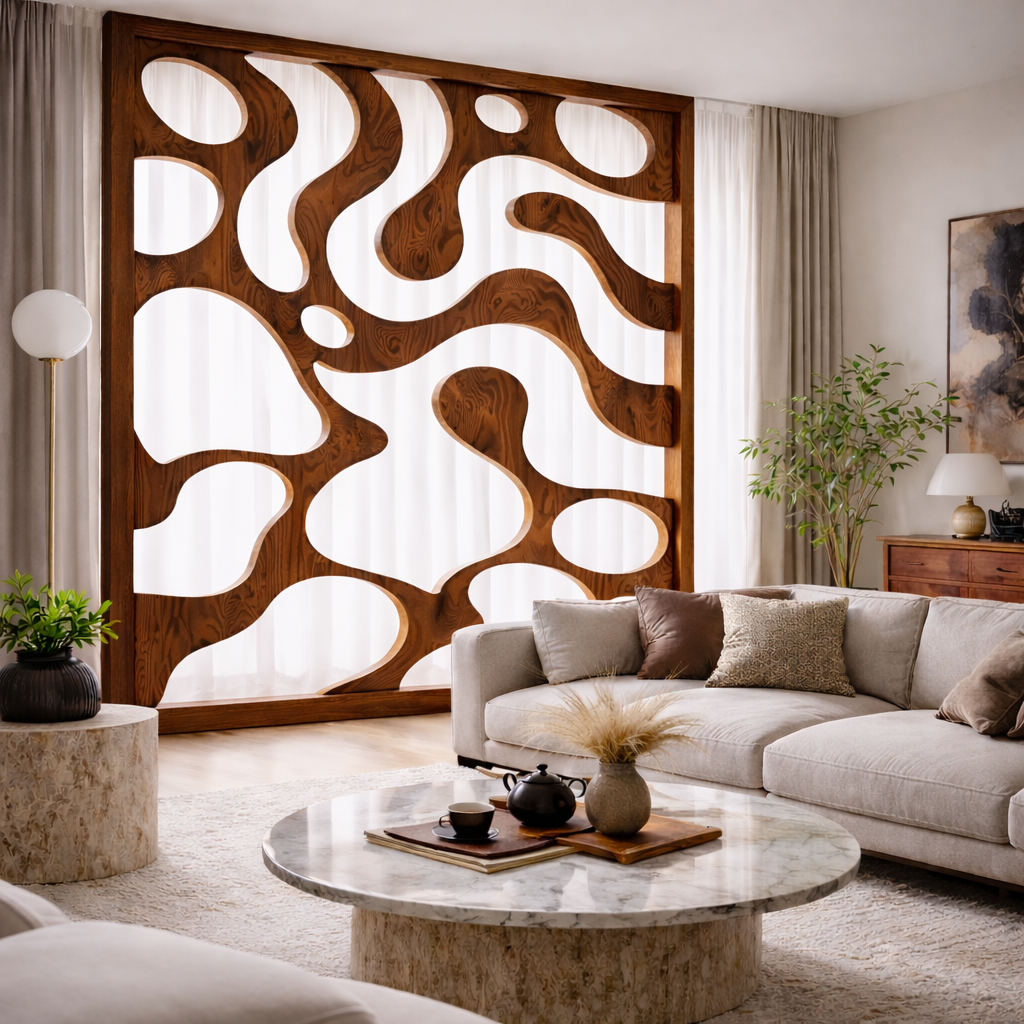 Carved Wooden Divider – Modern Natural Room Divider Screen