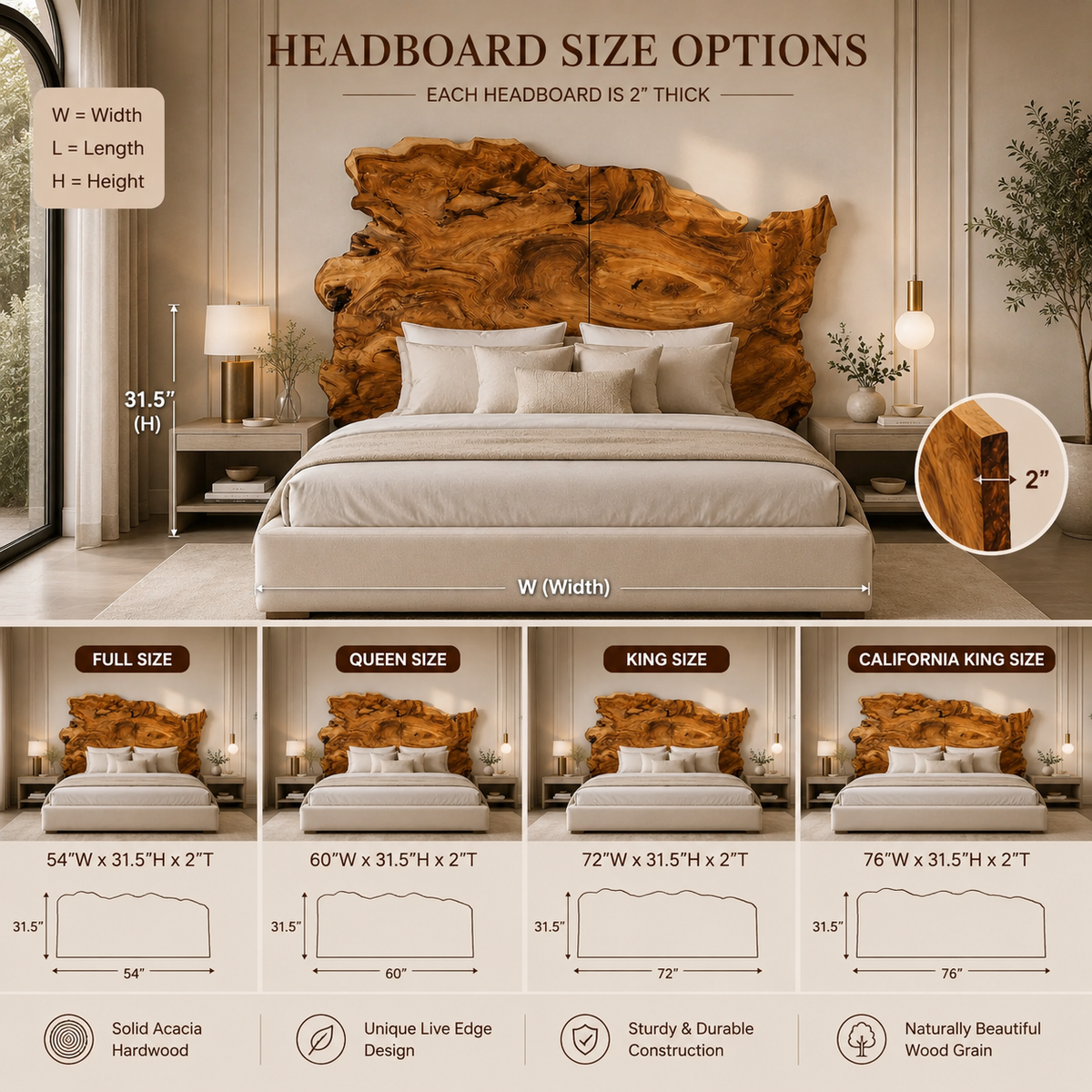Live Edge Headboard – Solid Wood Statement Headboard for Bedroom