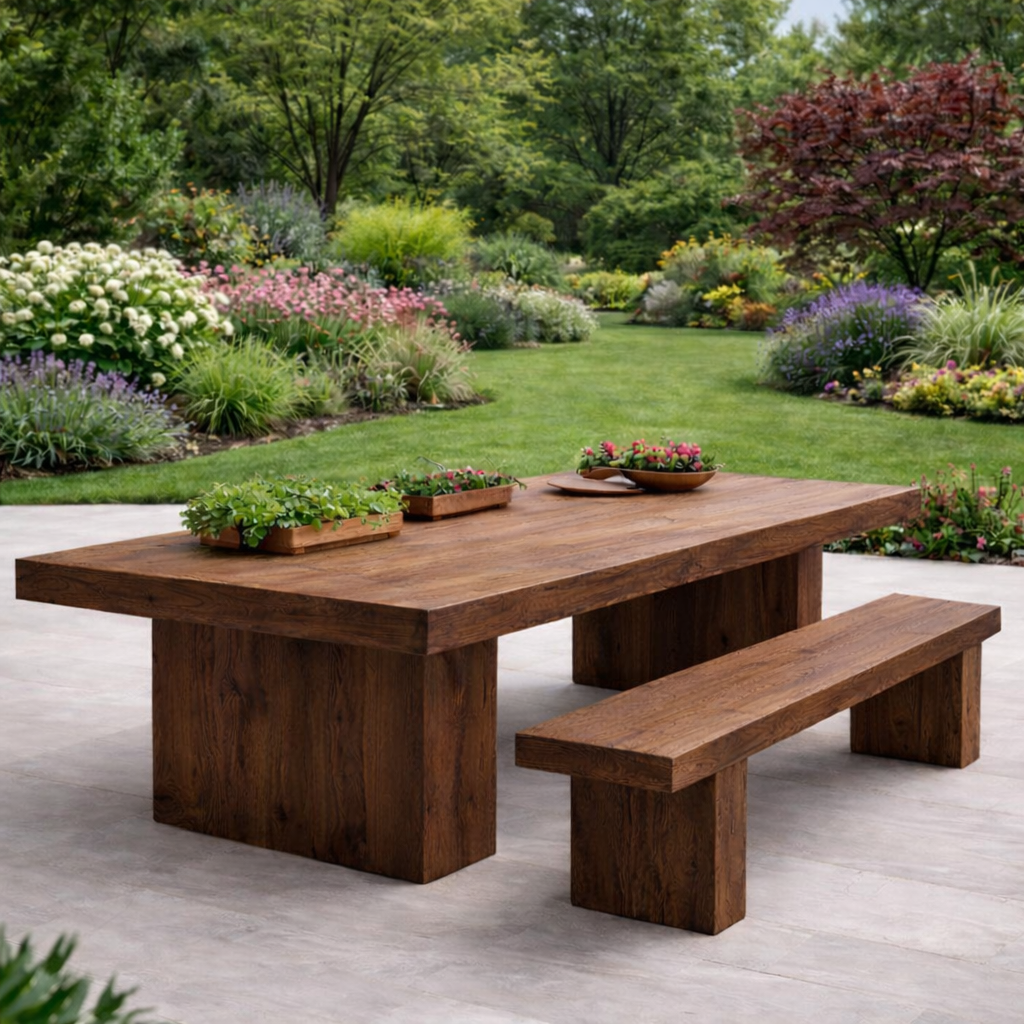 Outdoor Dining Set – Solid Wood Table with Benches for Garden and Patio