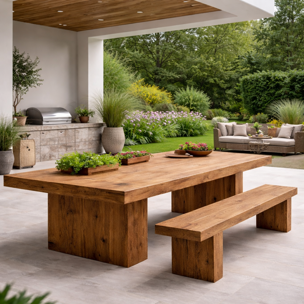 Outdoor Dining Set – Solid Wood Table with Benches for Garden and Patio