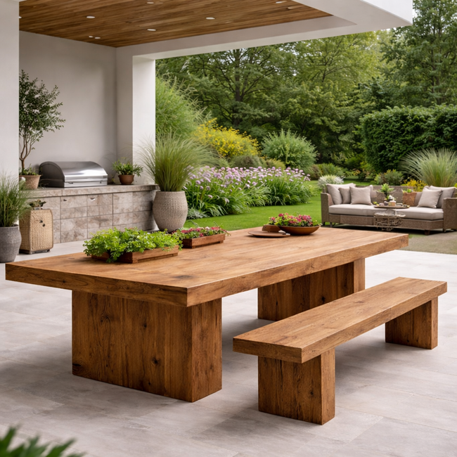 Outdoor Dining Set – Solid Wood Table with Benches for Garden and Patio Hover Image