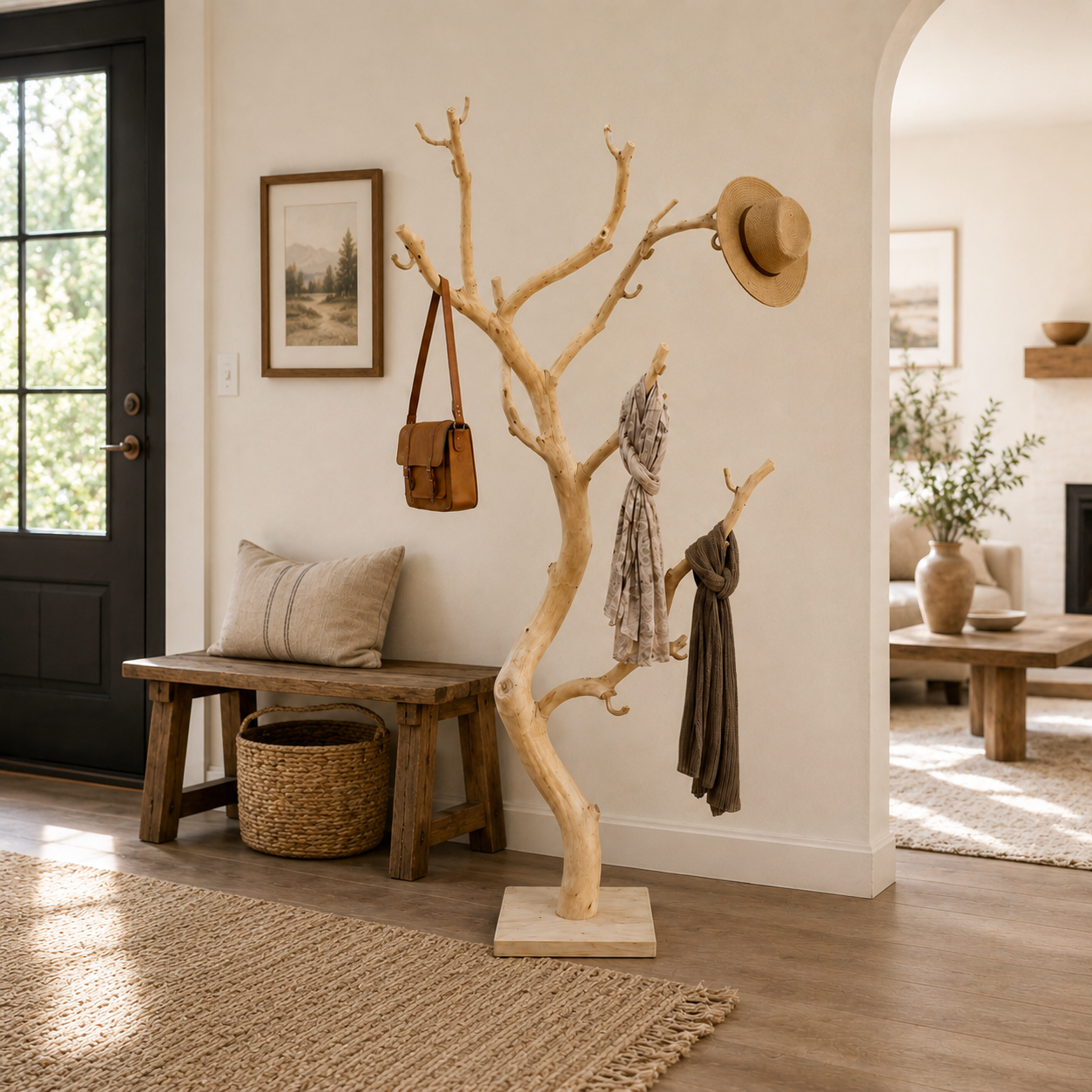 Tree Branch Wood Coat Rack – Solid Wood Entryway Hall Tree with Hooks for Home Decor