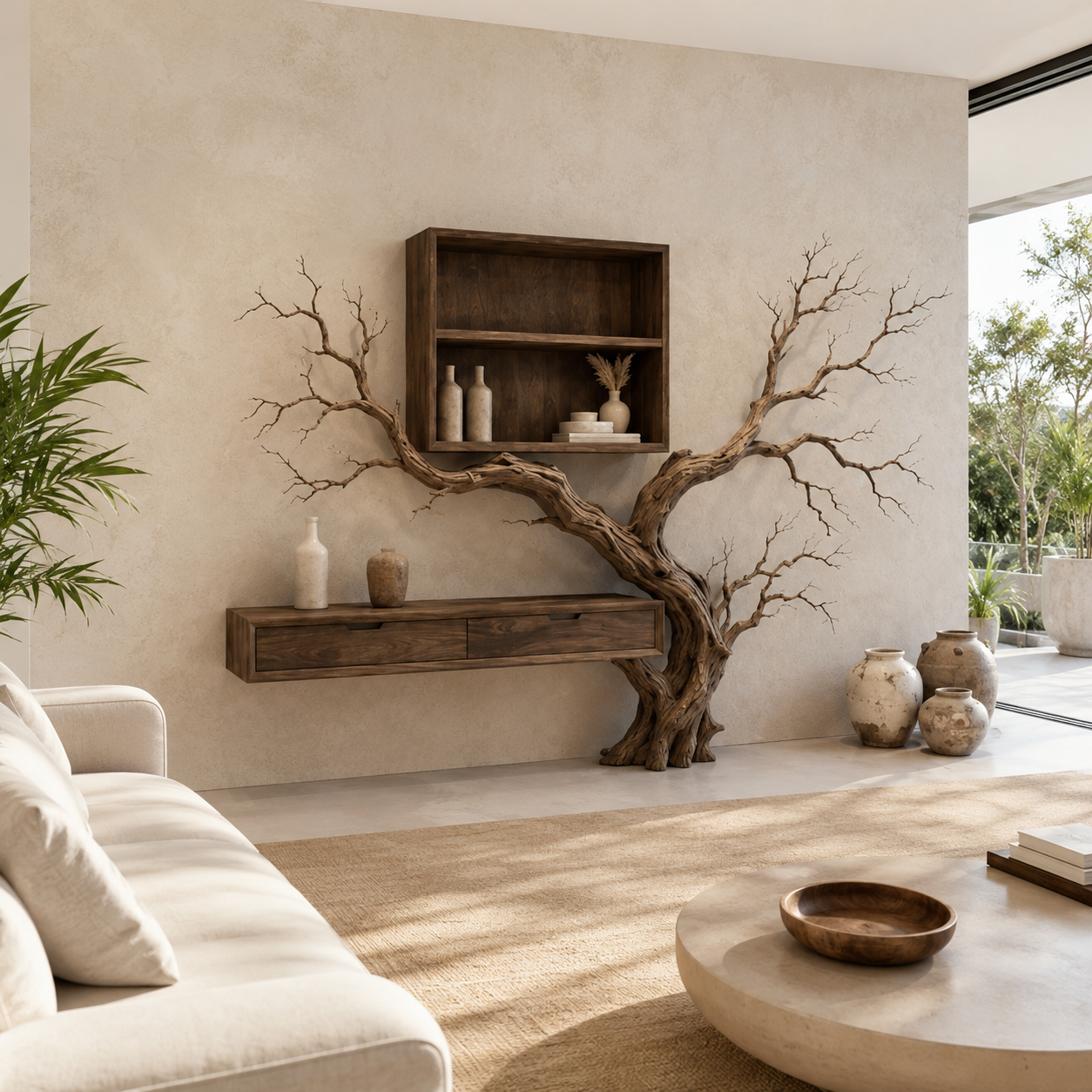 Tree Branch Wood Wall Console – Solid Wood Floating Cabinet with Sculptural Branch Shelf