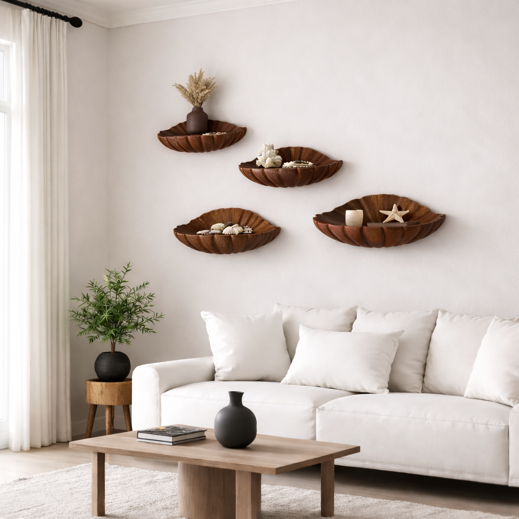 Shell-Inspired Solid Wood Floating Wall Shelves – Sculptural Display