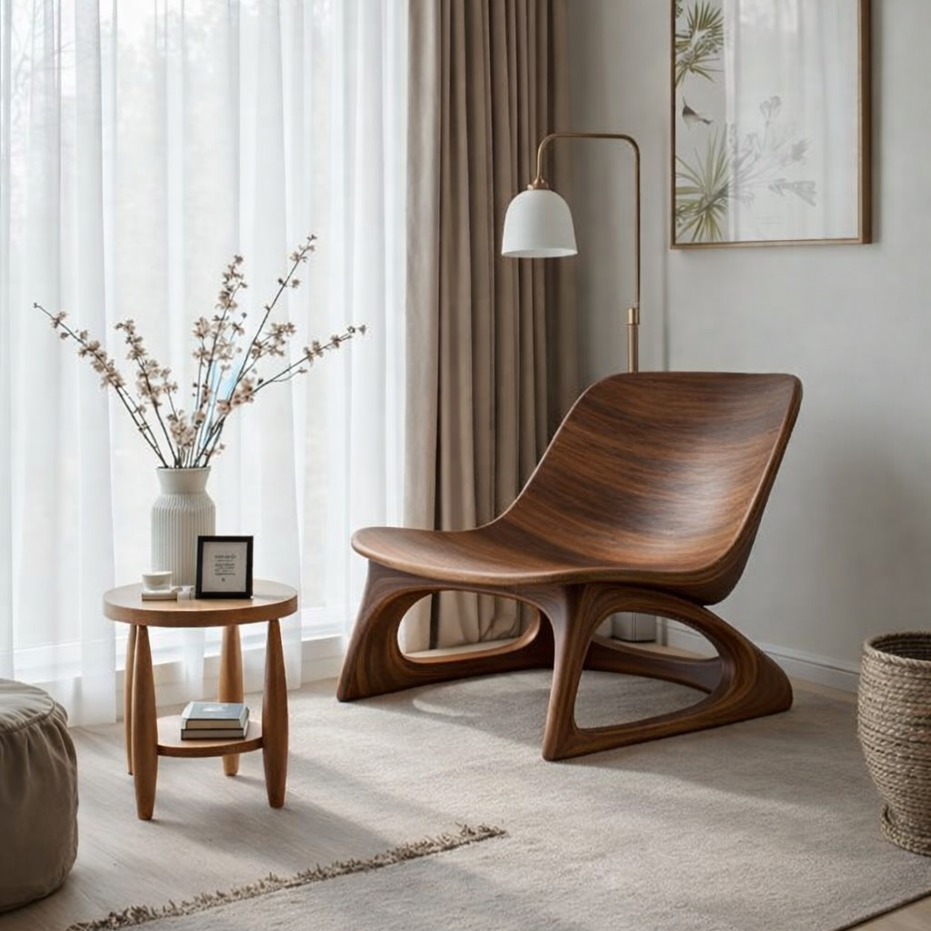 Curved Solid Wood Lounge Chair with Upholstered Seat – Modern Accent Chair