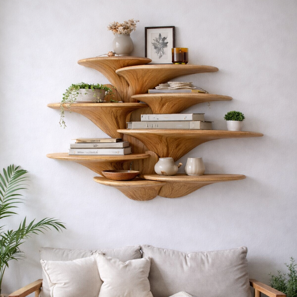 Solid Wood Layered Floating Shelves – Sculptural Organic Design