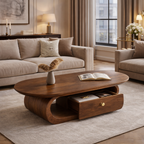 Solid Wood Coffee Table with Storage Drawer – Modern Rounded Design