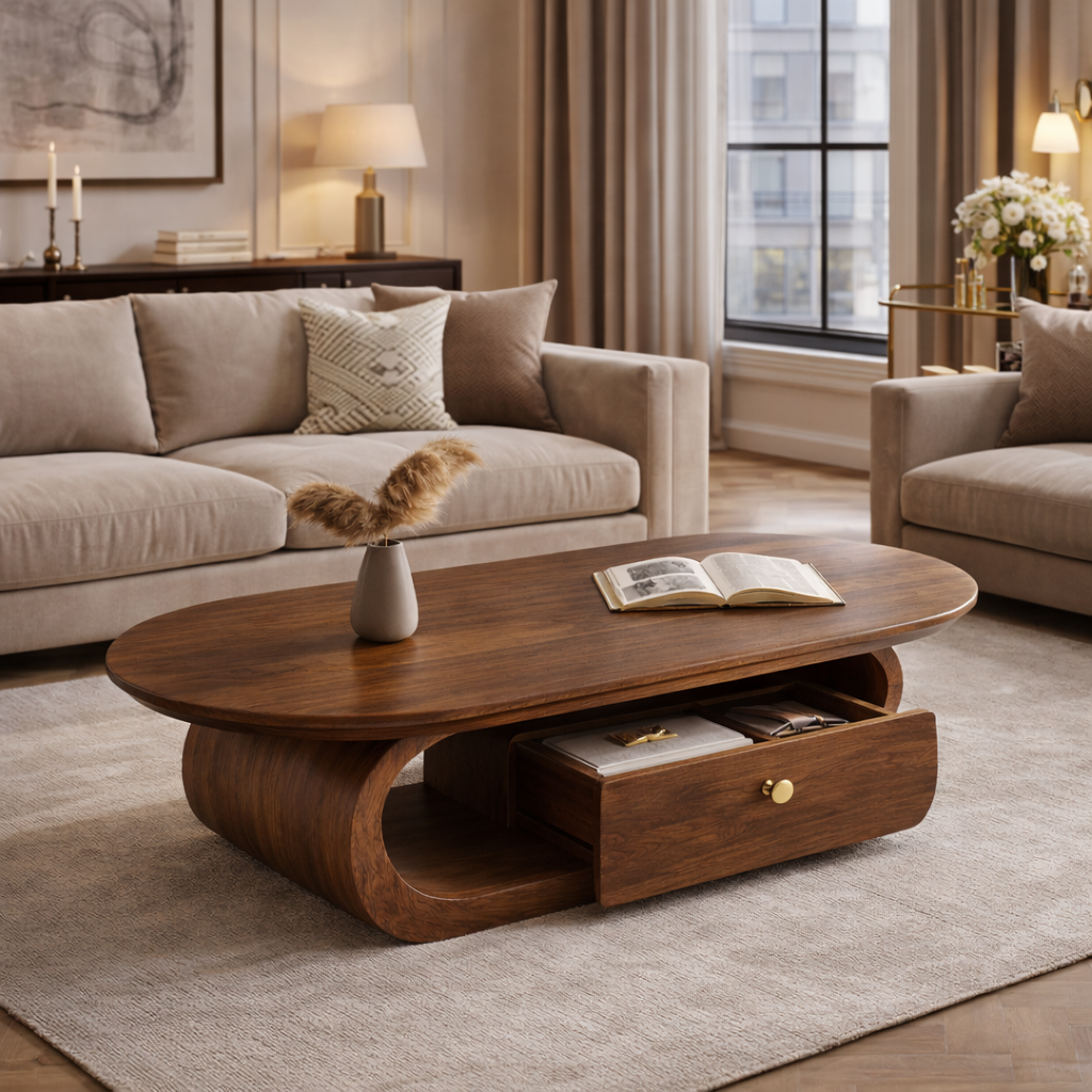 Solid Wood Coffee Table with Storage Drawer – Modern Rounded Design