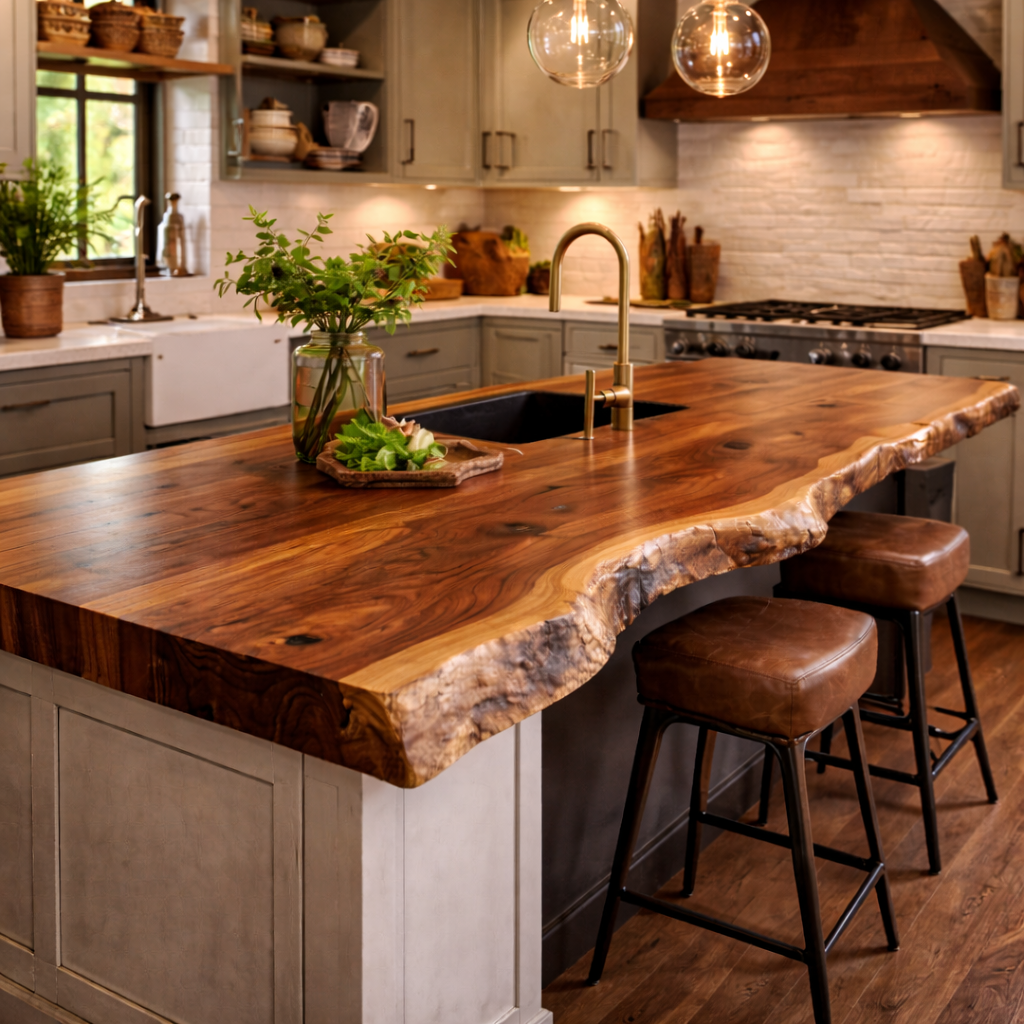 Live Edge Kitchen Countertop – Solid Wood Island Top for Modern Kitchen