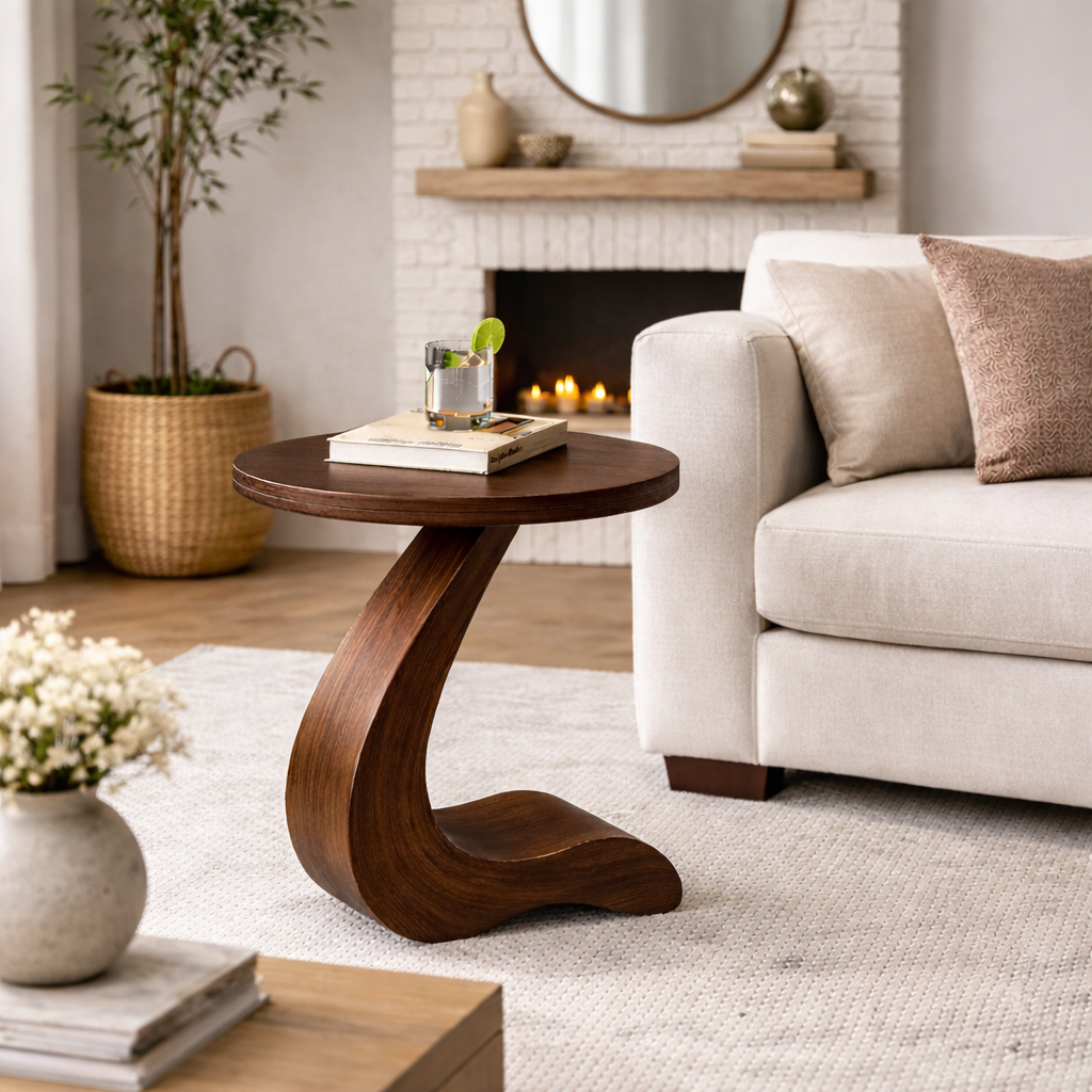 Modern Sculptural Solid Wood C-Shape Side Table for Sofa & Living Room