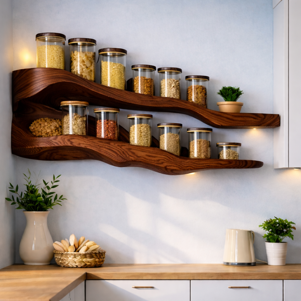 Wall-Mounted Spice Rack – Solid Wood Kitchen Organizer