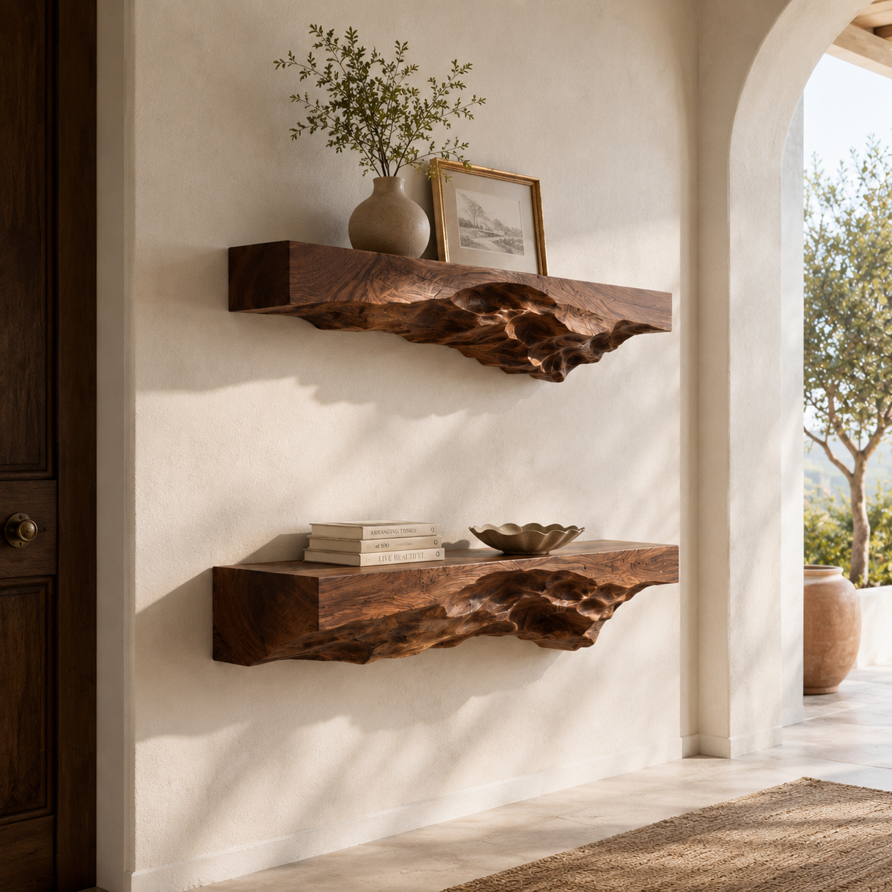 Rustic Wood Floating Shelves – Solid Wood Wall Shelf Set for Living Room Decor