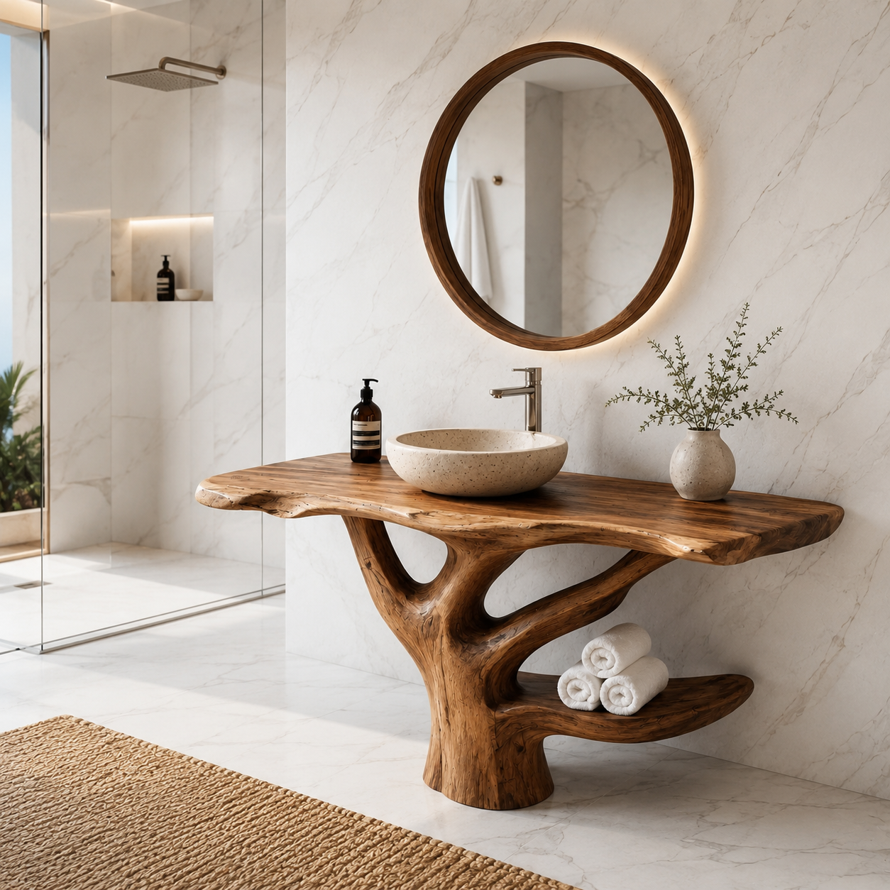Live Edge Wood Bathroom Vanity – Solid Wood Sink Console with Towel Shelf for Bathroom Decor