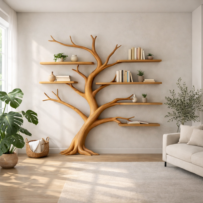 Tree Shaped Wooden Wall Shelf – Sculptural Solid Wood Tree Bookshelf for Living Room Wall Decor Hover Image