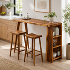 Live Edge Wood Bar Table Set – Solid Wood Kitchen Bar Counter with Storage and Stools