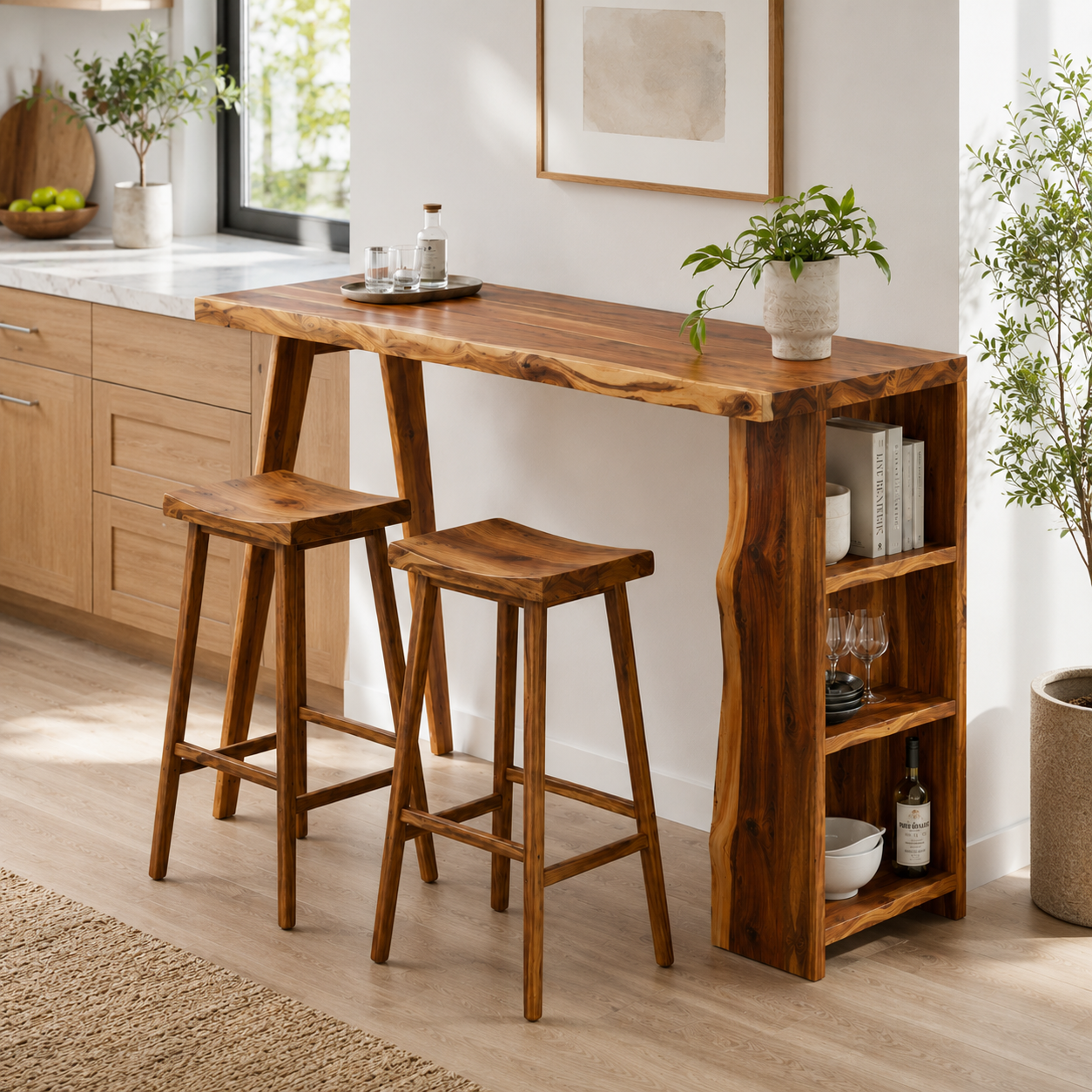 Live Edge Wood Bar Table Set – Solid Wood Kitchen Bar Counter with Storage and Stools