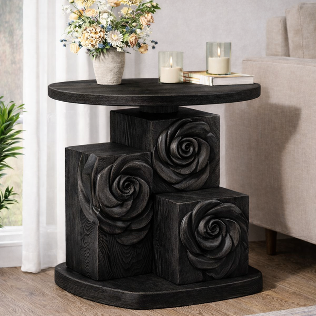 Sculptural Solid Wood Rose Side Table – Hand-Carved Floral Accent Main Image