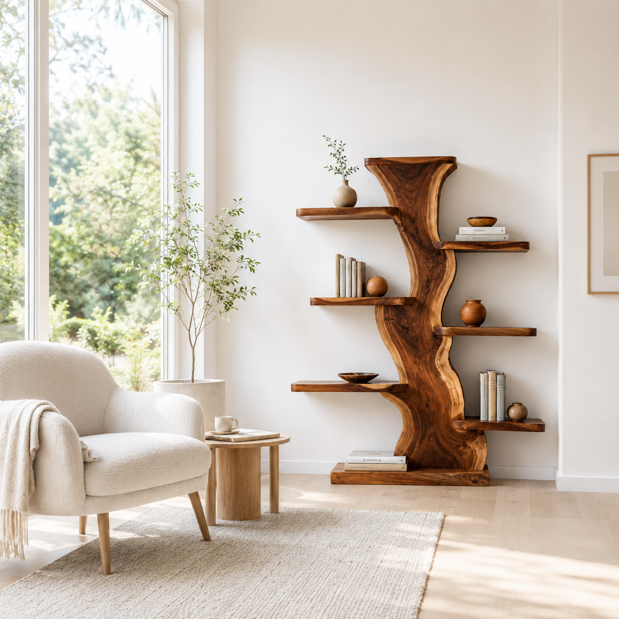 Tree Trunk Wood Bookshelf – Solid Wood Display Shelf for Living Room Decor
