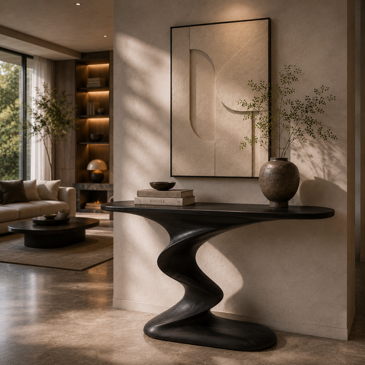 Sculptural Console Table – Solid Wood Modern Table for Entryway Decor