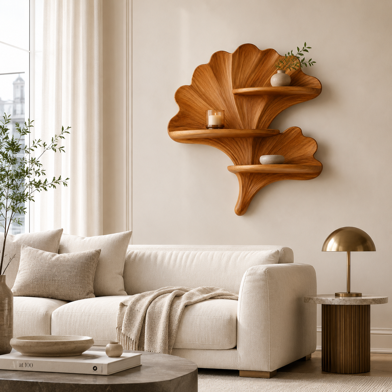 Shell Wood Wall Shelf – Solid Wood Floating Display Shelf for Home Office Decor