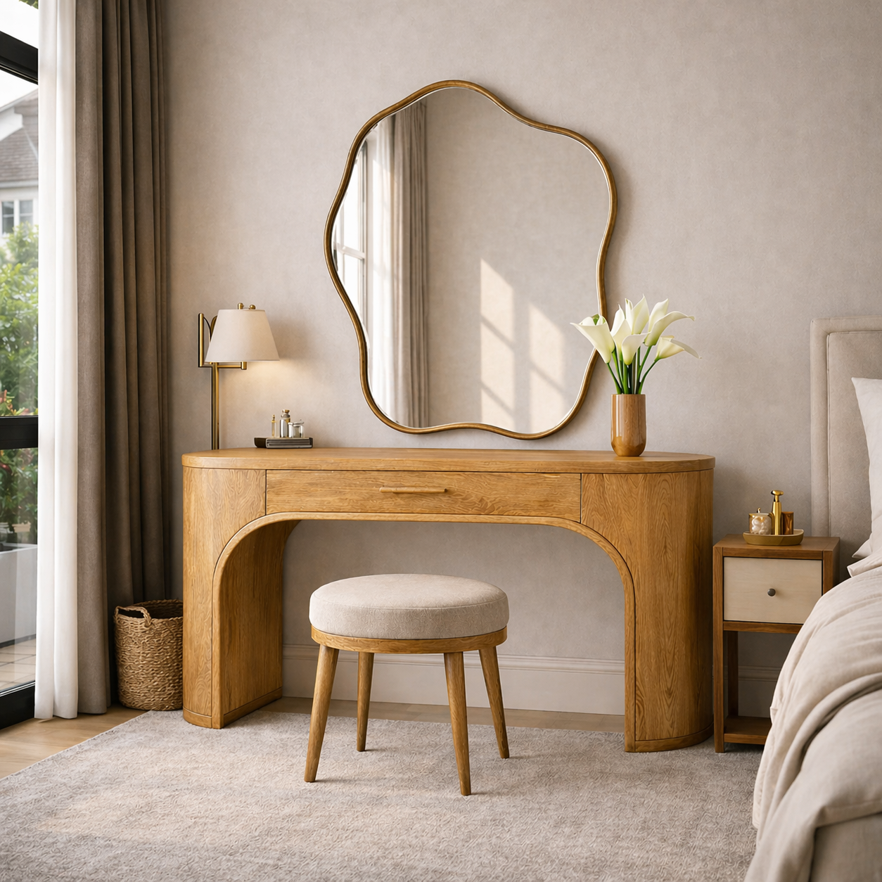 *Vanity Table – Modern Wooden Table with Sculptural Mirror for Bedroom