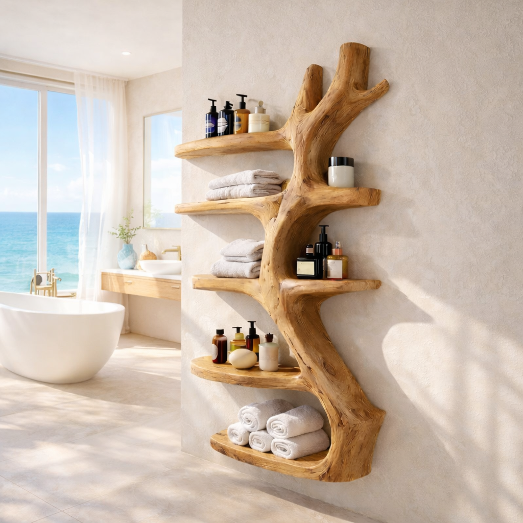 Sculptural Bathroom Shelf – Solid Wood Towel Shelf for Bathroom Decor