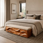 Wave Carved Wood Bedroom Bench – Solid Wood End of Bed Storage Bench with Upholstered Cushion
