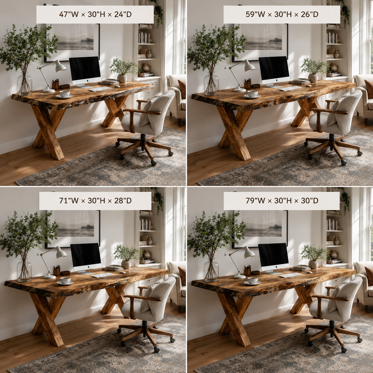Live Edge Wood Desk – Solid Wood Office Table with X-Base Legs for Home Office Decor