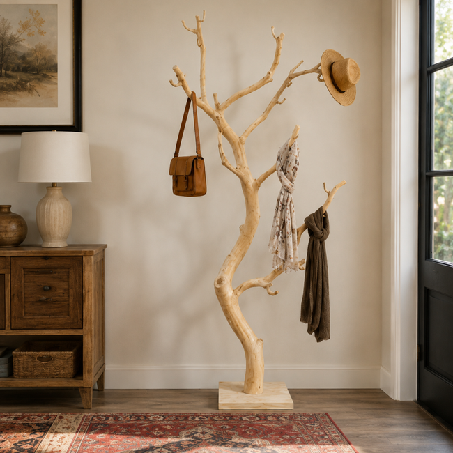 Tree Branch Wood Coat Rack – Solid Wood Entryway Hall Tree with Hooks for Home Decor Hover Image