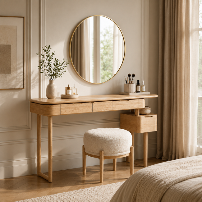 Makeup Vanity Table – Solid Wood Vanity with Round Mirror and Stool Main Image