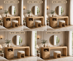 Makeup Vanity Table – Solid Wood Vanity with Round Mirror and Stool