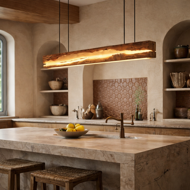 Live Edge Solid Wood Linear Pendant Light – Rustic Wooden Hanging Ceiling Lamp for Kitchen Island and Dining Room Main Image