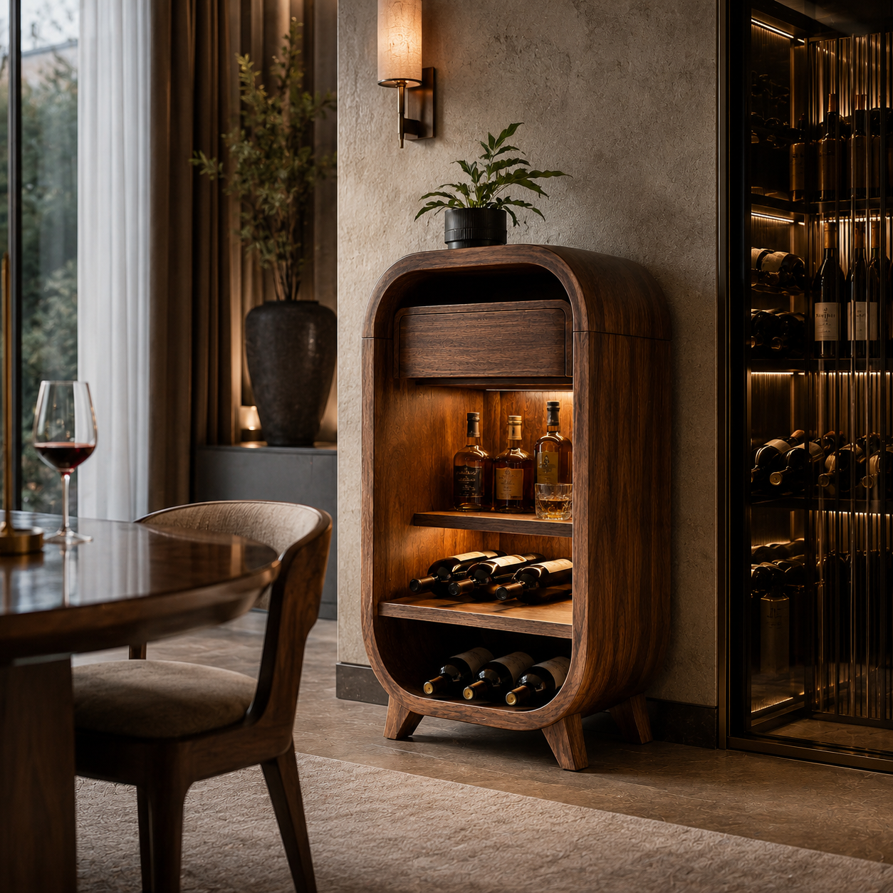 Rounded Wood Wine Cabinet – Solid Wood Bar Storage Cabinet for Living Room Decor