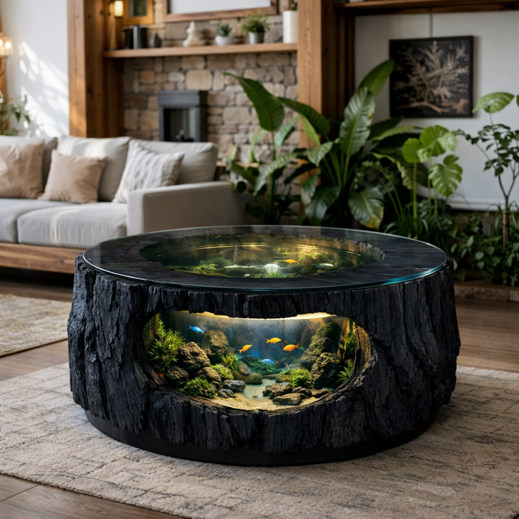 Solid Wood Live Edge Aquarium Coffee Table – Tree Trunk Fish Tank Design