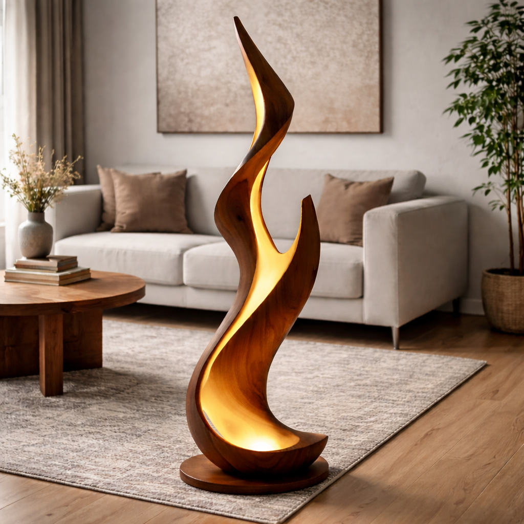 Sculptural Wooden Flame Floor Lamp – Modern Ambient Lighting for Living Room