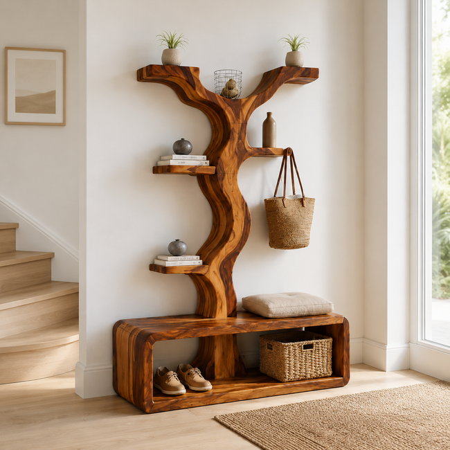 Wave Tree Entryway Hall Tree – Solid Wood Coat Rack Bench with Shelves and Shoe Storage Main Image