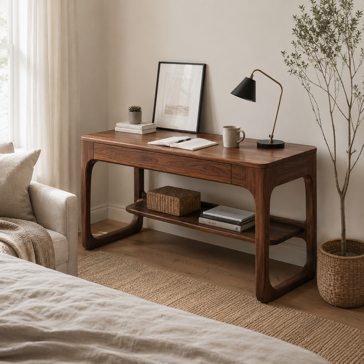 Rounded Wood Writing Desk – Solid Wood Office Desk with Lower Storage Shelf for Home Office Decor