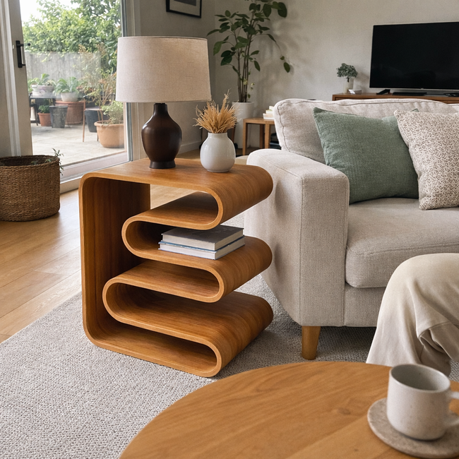 Sculptural Side Table – Solid Wood Table for Living Room and Bedroom Hover Image