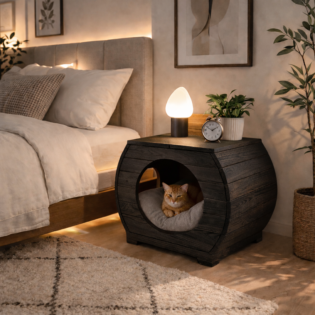 Cat House Nightstand – Solid Wood Bedside Table for Bedroom Decor