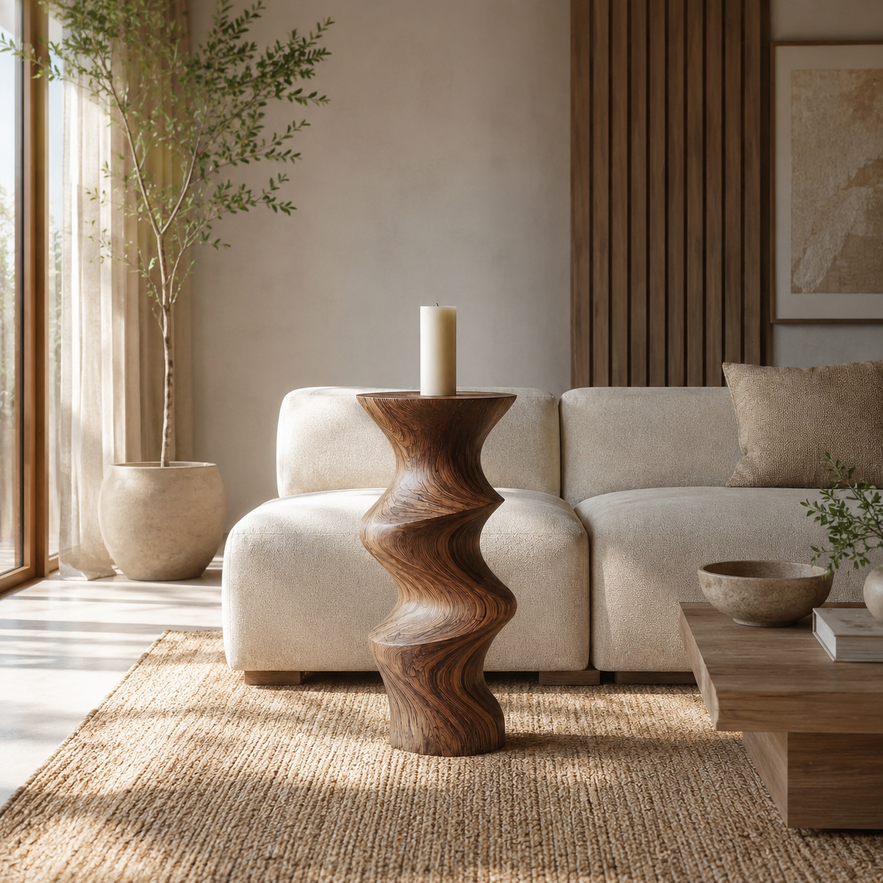 Twisted Wood Candle Holder – Solid Wood Sculptural Candle Stand for Living Room Decor