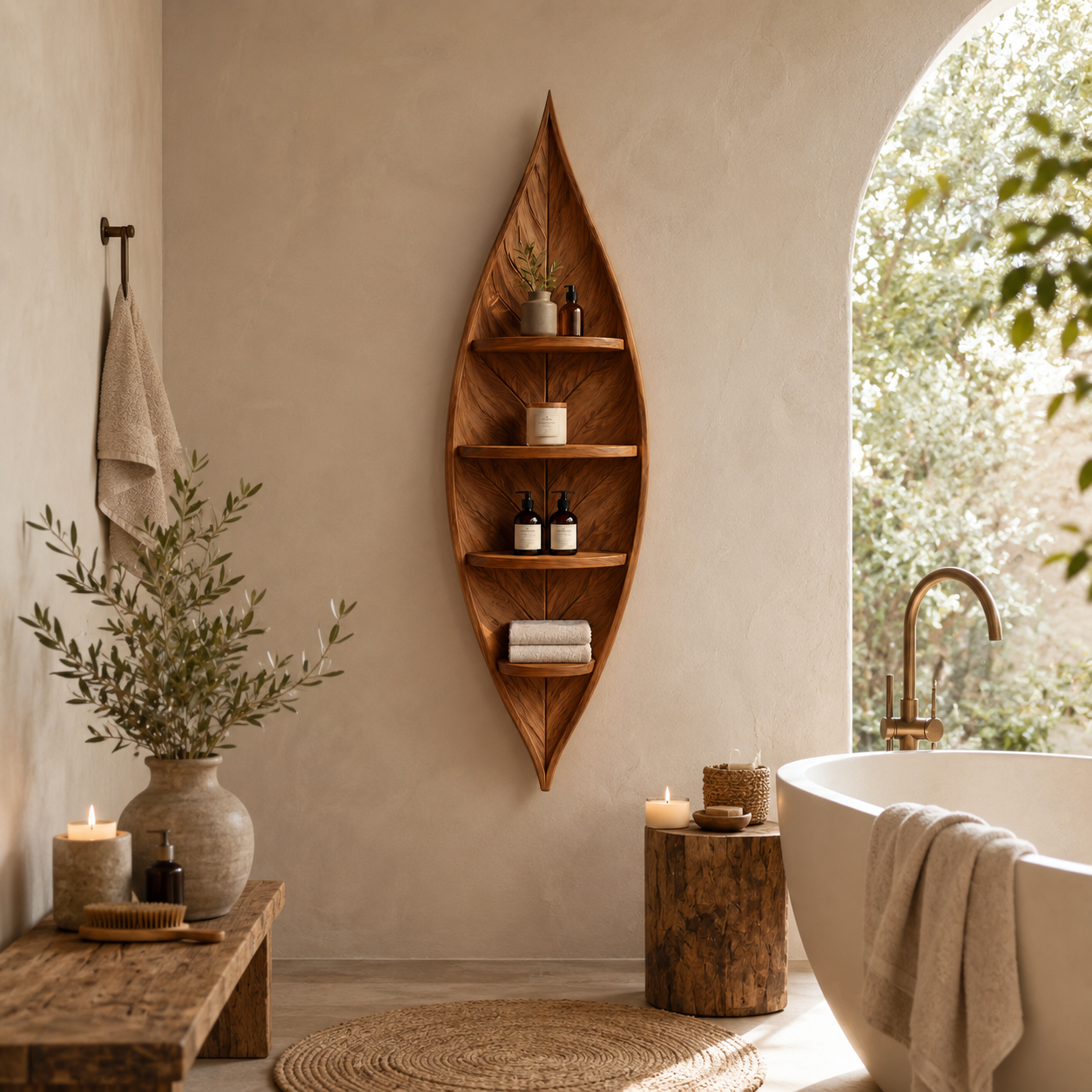 Leaf Wood Bathroom Shelf – Solid Wood Wall Mounted Display Shelf for Bathroom Decor