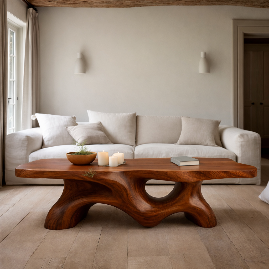 Sculptural Wave Solid Wood Coffee Table – Handcrafted Organic Curved Design