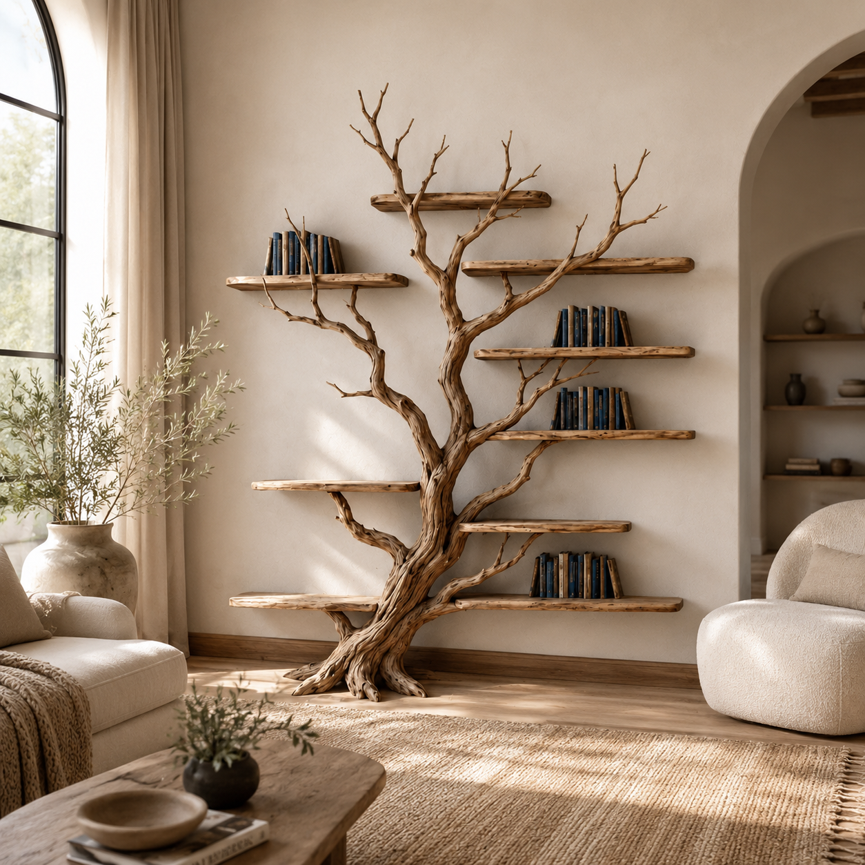 Tree Branch Bookcase – Solid Wood Display Shelf for Living Room