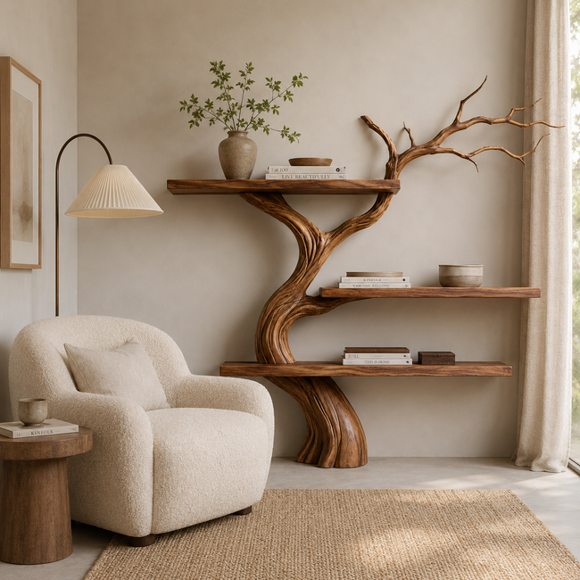 Tree Branch Wood Bookshelf – Solid Wood Wall Shelf with Sculptural Tree Design Hover Image