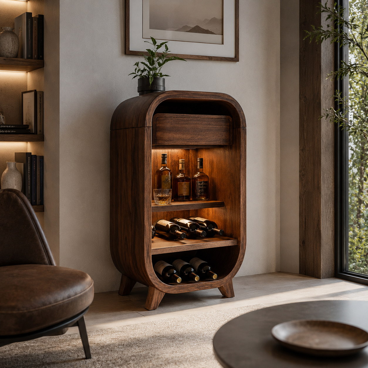 Rounded Wood Wine Cabinet – Solid Wood Bar Storage Cabinet for Living Room Decor