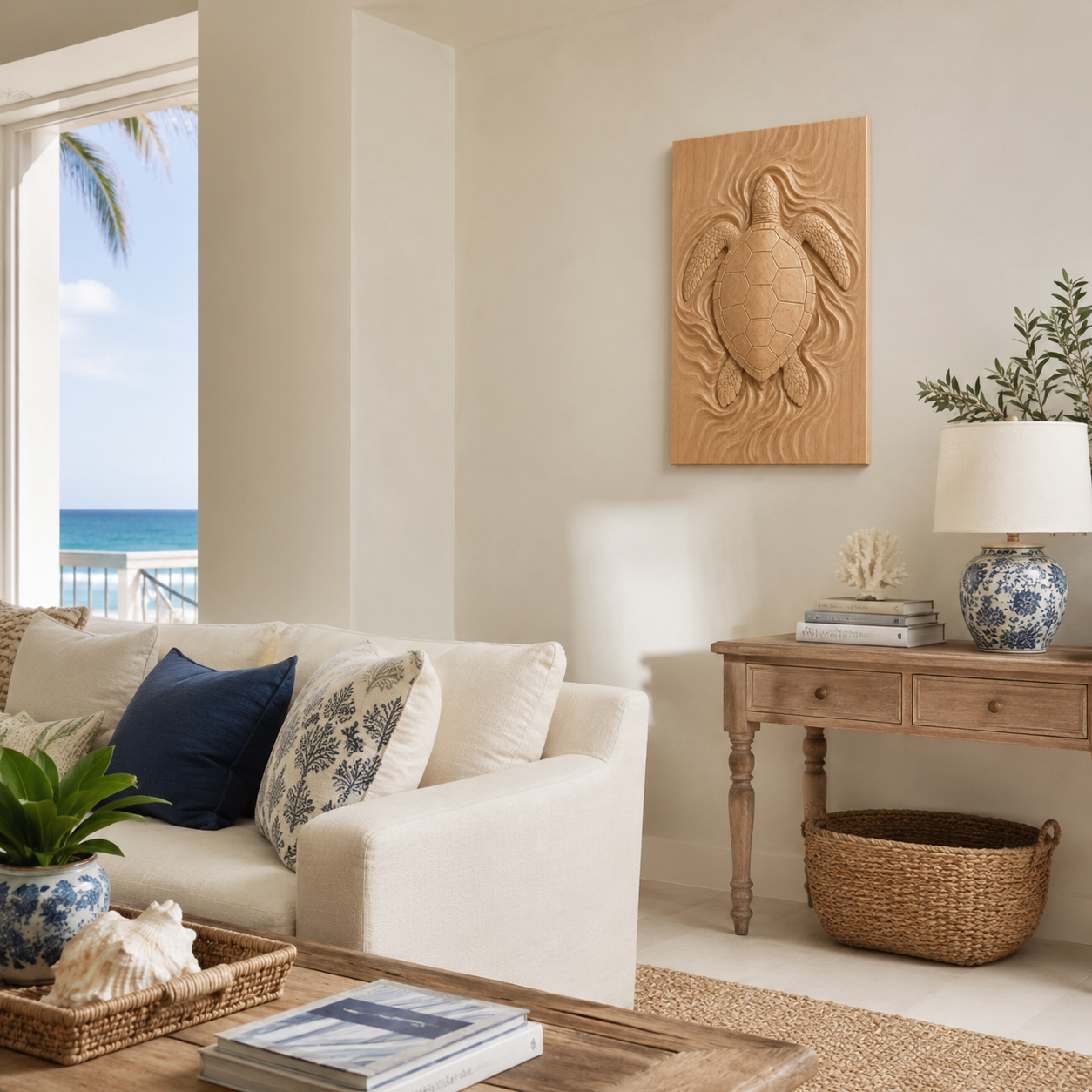 Sea Turtle Wood Wall Art – Solid Wood 3D Relief Carving for Coastal Bedroom Decor