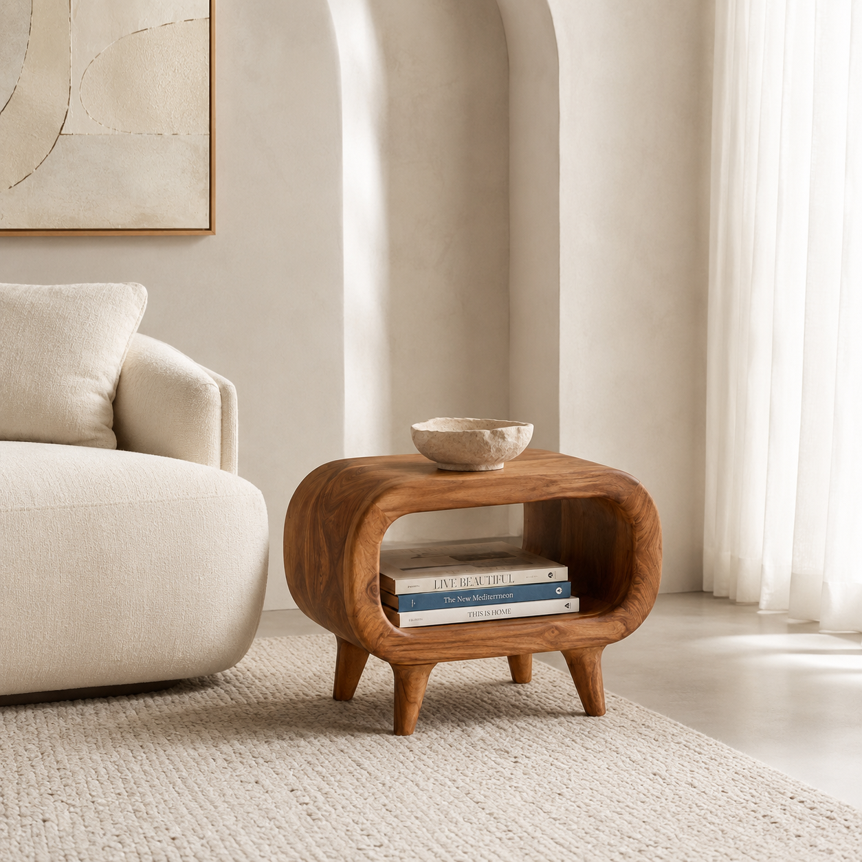 Curved Wood Side Table – Solid Wood End Table for Living Room Decor