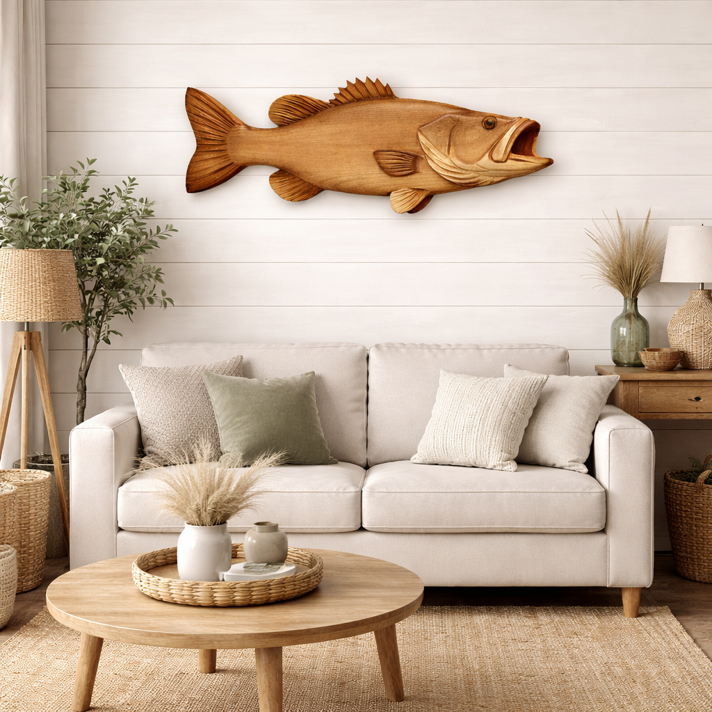 Largemouth Bass Wall Art – Solid Wood Decorative Panel for Fishing Cabin Decor